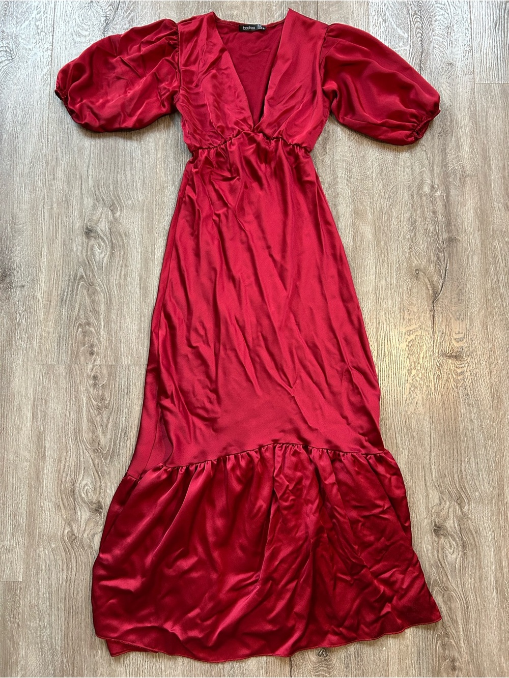 Boohoo Deep Red Satin V-Neck Maxi Dress with Puff Sleeves